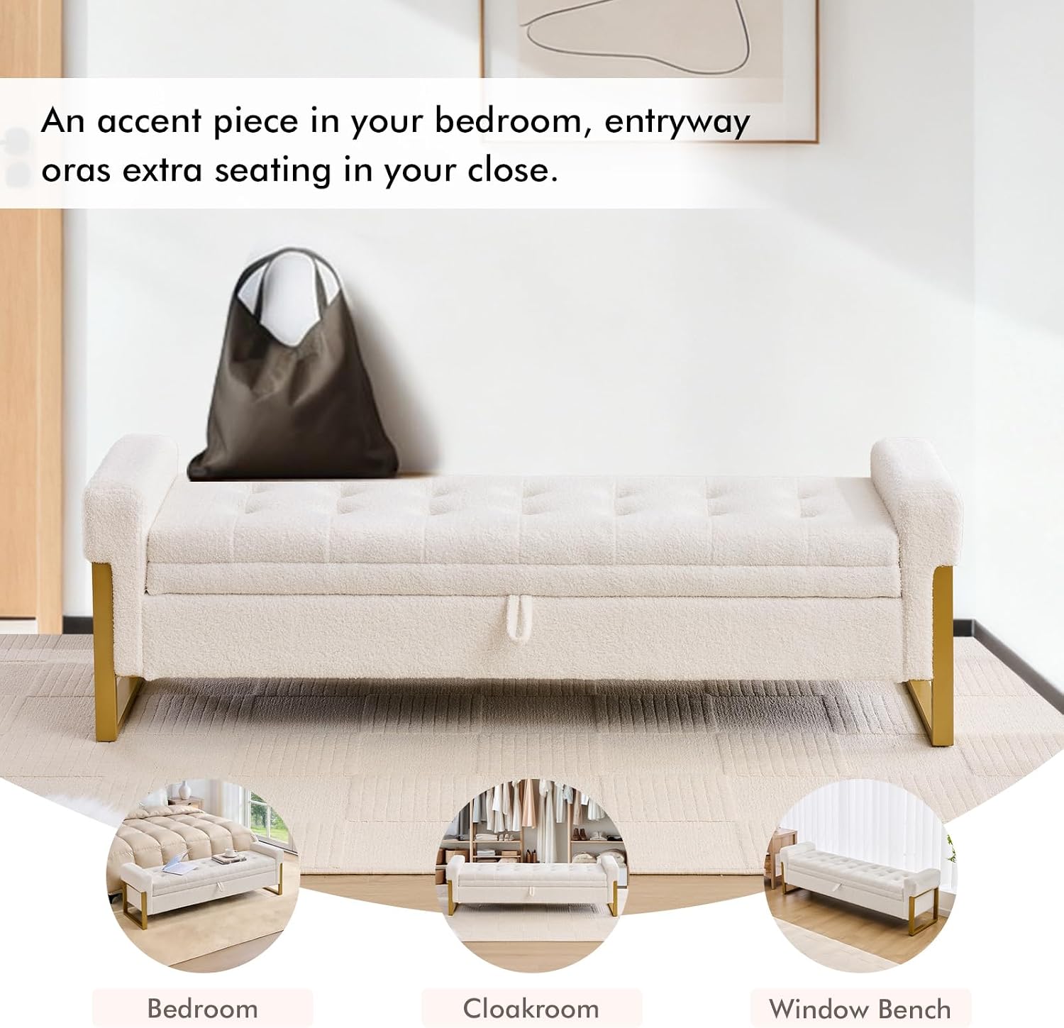 67" Storage Bench for Bedroom, King Size End of Bed Bench, Teddy Upholstered Storage Ottoman Bench with Golden Metal Legs, Bedroom Bench for Entryway, White