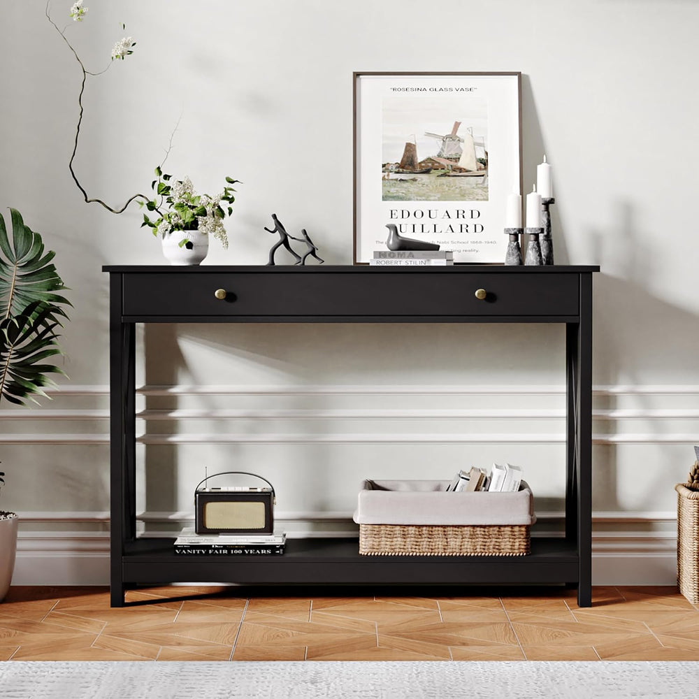Treocho Black Console Table with Drawer and Storage Shelves, Foyer Sofa Table...