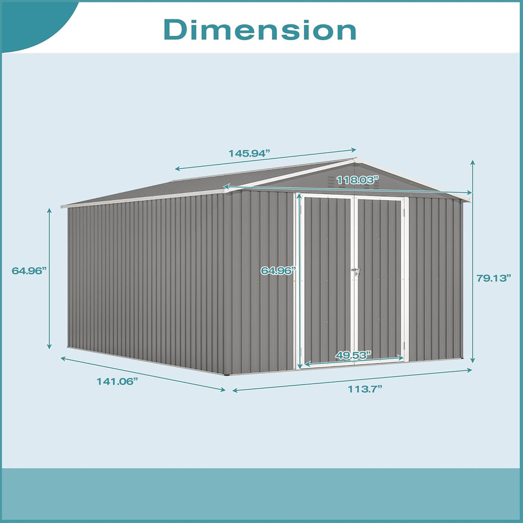 10x12 FT Outdoor Storage Shed with Floor Frame, Heavy Duty Metal Garden Tool Shed with Double Lockable Doors, Waterproof Backyard Utility Shed for Bikes, Lawn Mowers, Tools, Equipment