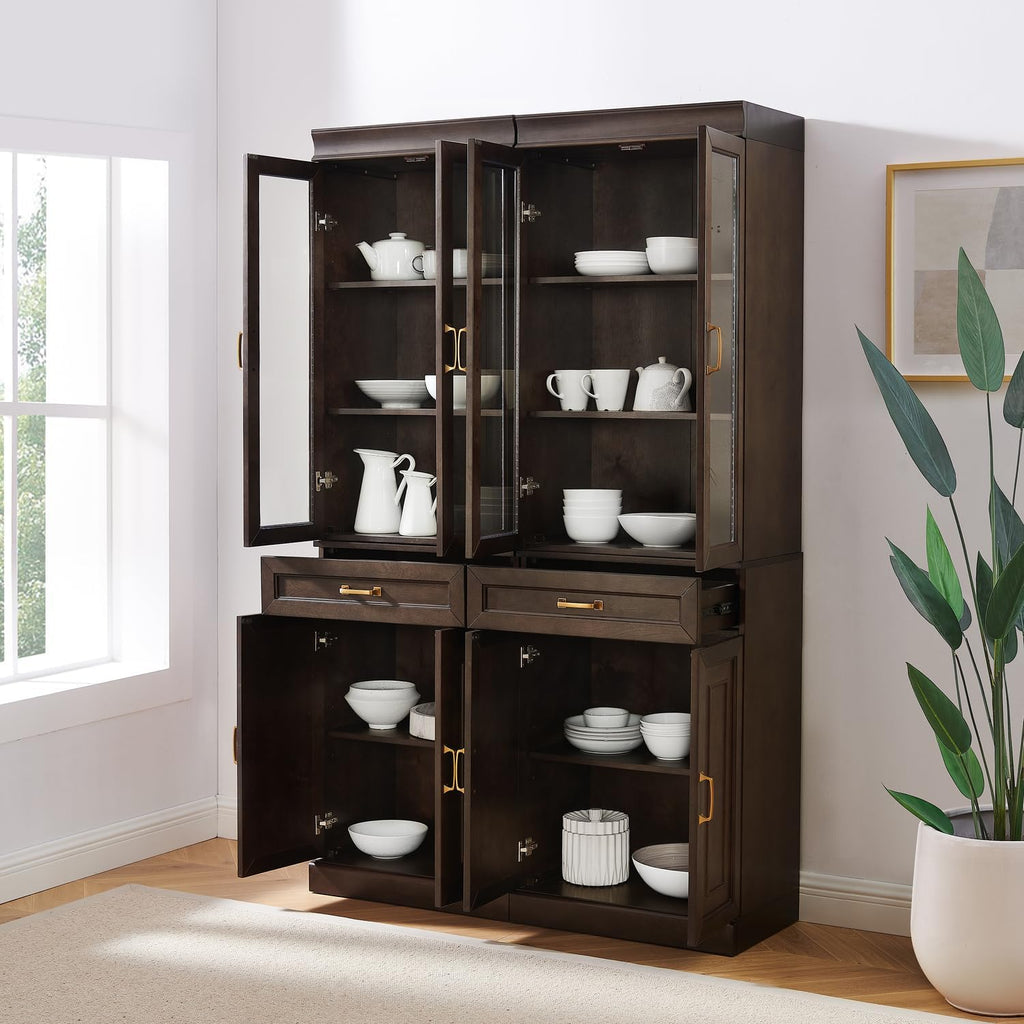 HomeStock Modern Minimalism Stanton 2Pc Glass Door Kitchen Storage Pantry Cabinet Set - 14.5" D x 47.5" W x 78" H, Floor Mountable, Shelves Included, 2 Doors 2 Drawers