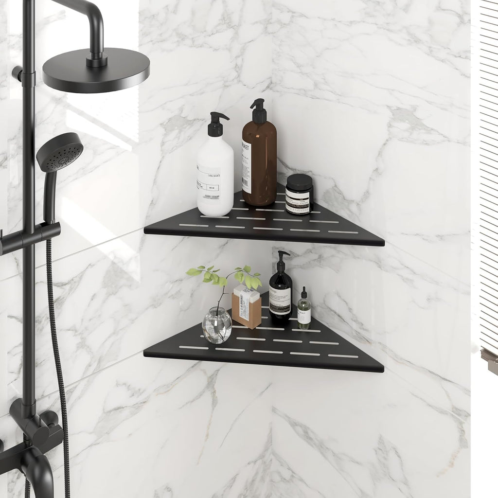 FerdY 2-Pack 10" Matte Black Recessed Corner Shower Shelf, for Tiled Bathroom Walls, 304 Stainless Steel Floating Shower Shelf, Shower Caddy Storage Shelves, No Drilling Required, Striped Triangle