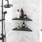 FerdY 2-Pack 10" Matte Black Recessed Corner Shower Shelf, for Tiled Bathroom Walls, 304 Stainless Steel Floating Shower Shelf, Shower Caddy Storage Shelves, No Drilling Required, Striped Triangle