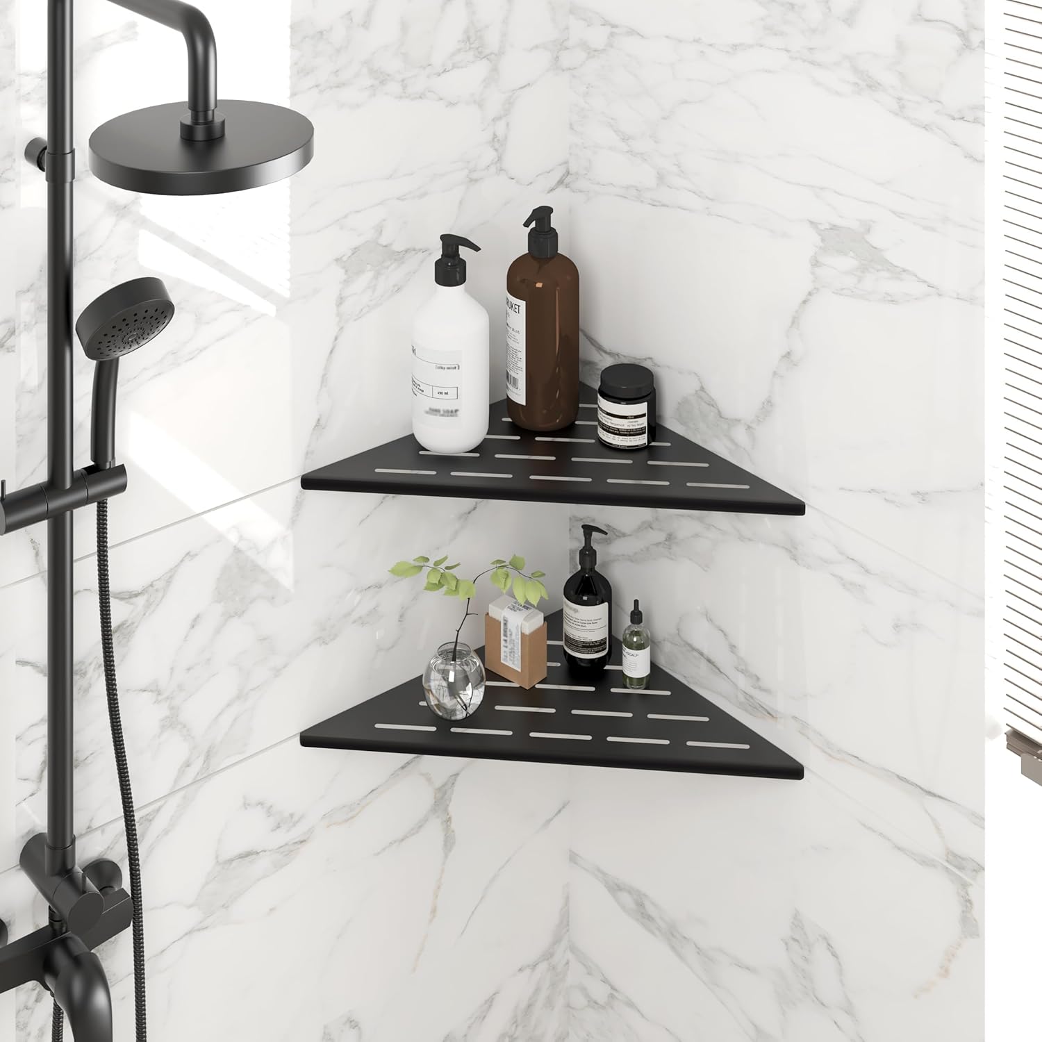 FerdY 2-Pack 10" Matte Black Recessed Corner Shower Shelf, for Tiled Bathroom Walls, 304 Stainless Steel Floating Shower Shelf, Shower Caddy Storage Shelves, No Drilling Required, Striped Triangle