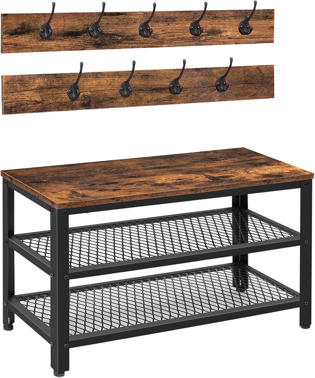 HOOBRO Hall Tree Entryway Storage Bench, Coat Rack Shoe Bench, Shoe Rack Organizer with Coat Hooks, 3-in-1 Design, Wooden Furniture with Metal Frame, Rustic Brown and Black BF17MT01