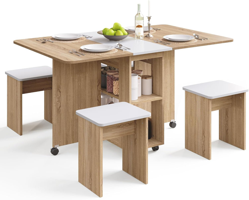Mondeer Folding Dining Table with 4 Chairs for Small Spaces, Natural Wood | D...