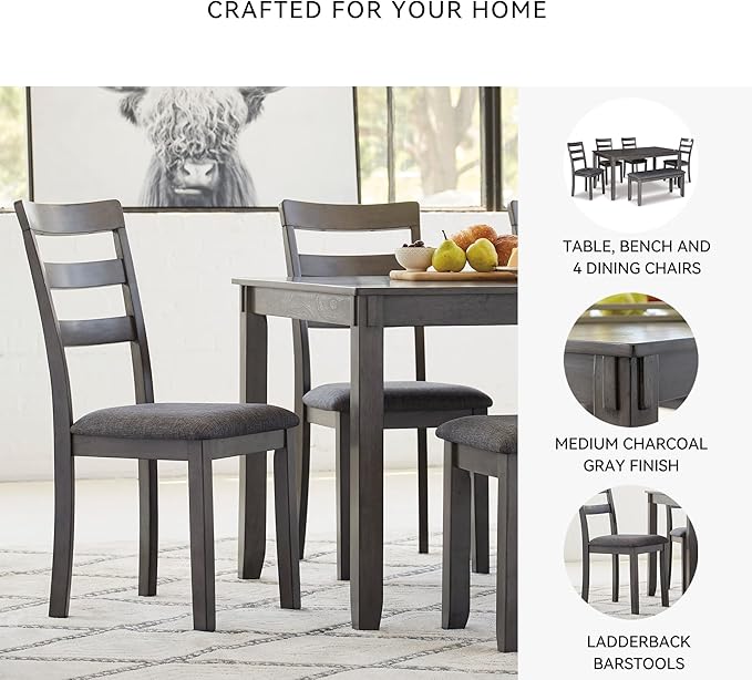Signature Design by Ashley Bridson Dining Table Set For 6 With Bench, Wood 6‑Piece Kitchen Table And Chairs Set With Upholstered Seats, Transitional Charcoal Gray Dining Room Set For Family Meals