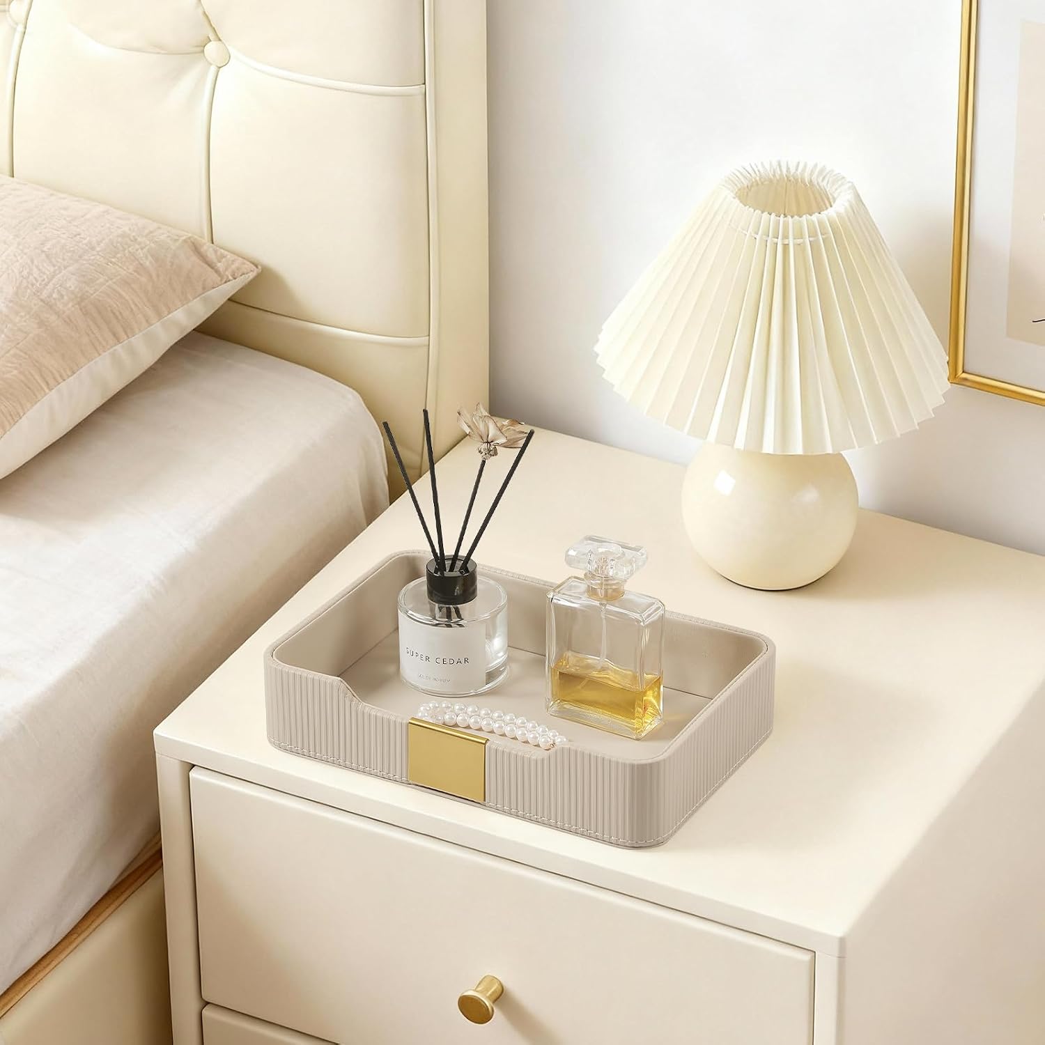 Valet Tray Organizer Keay Bowl Catchall Tray Nightstand Organizer | PU Leather, Brass Accents Block, Soft Lining, Larger Size, Waterproof And Stain-Resistant