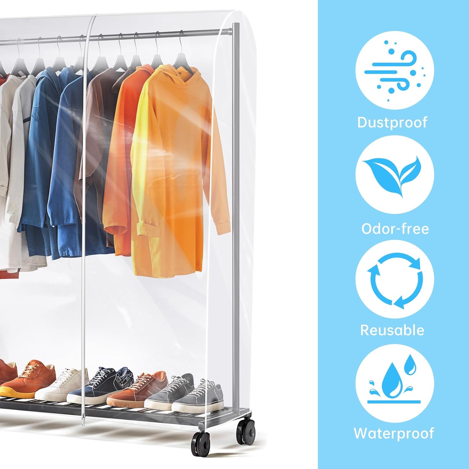 Clear Clothes Rack Cover 6Ft Garment Rack Cover Transparent Clothing Rack Cover With 2 Durable Zipper Waterproof Protector for Garment Rack (71"L x 20"W x 60"H, Rack Not Included)