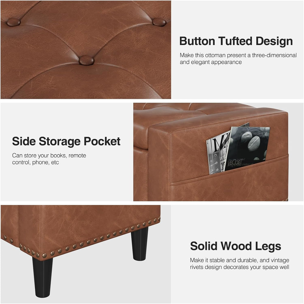 60" Storage Ottoman Bench, Faux Leather Upholstered Bed Bench, Brown | B...