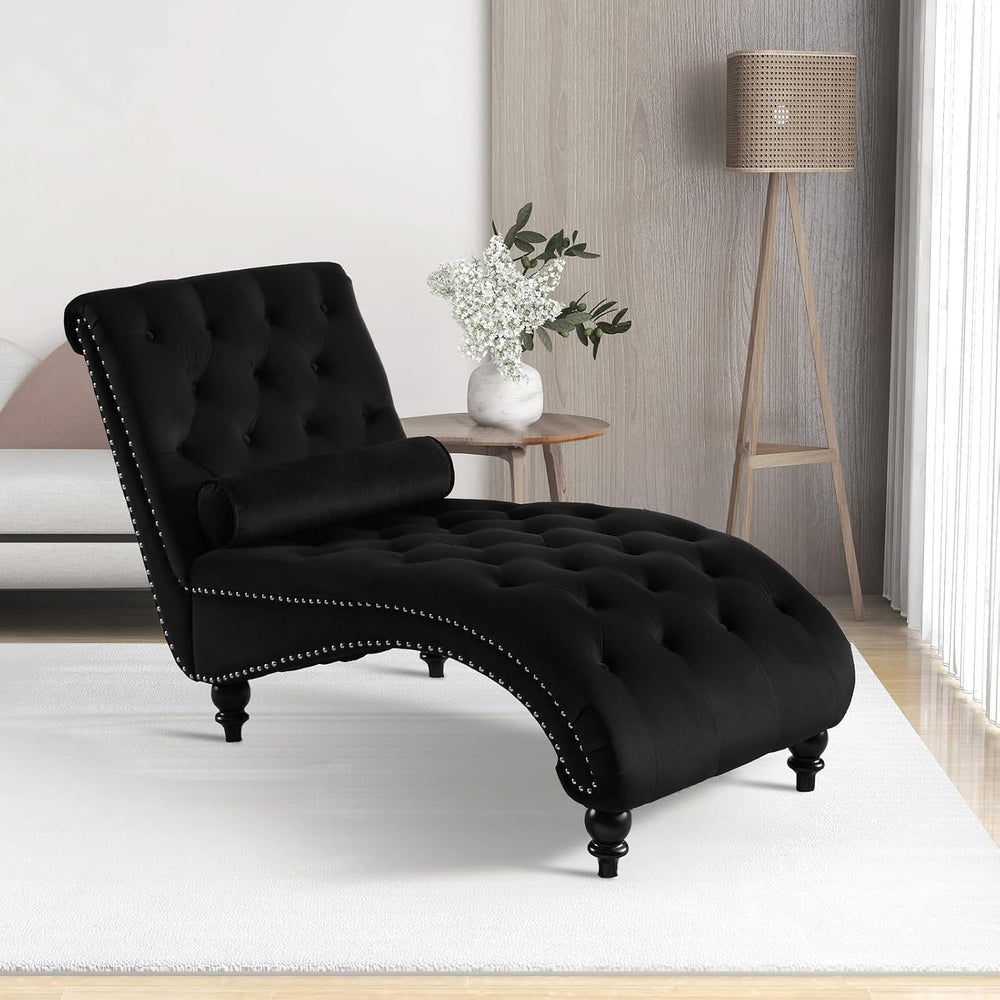 Black Velvet Chaise Lounge Indoor with Toss Pillow, Modern Pink Chaise Lounge...