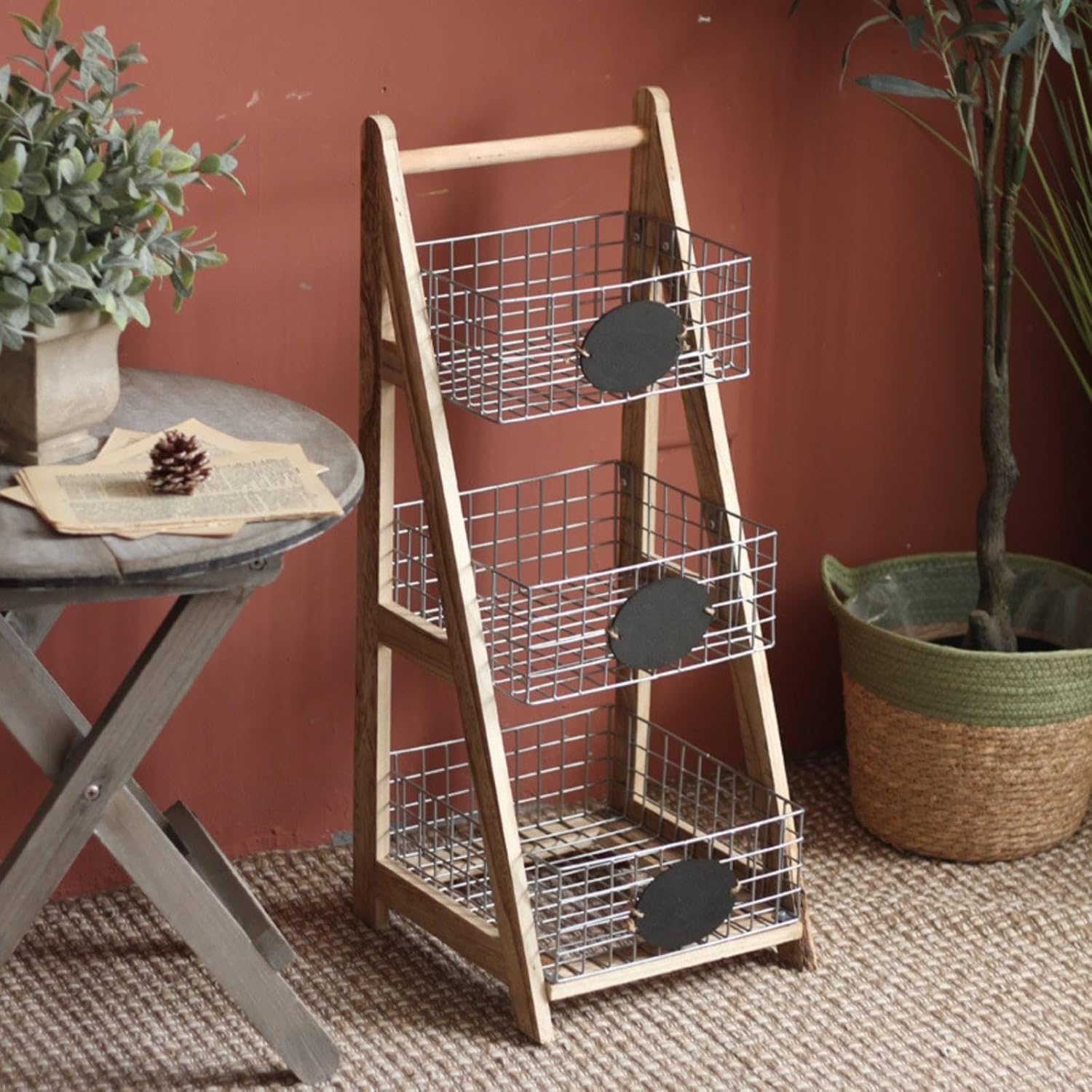 Ladder Storage Rack with Wire Baskets 3 Tiers Basket Stand Multifunctional Storage Rack Stand for Living Room