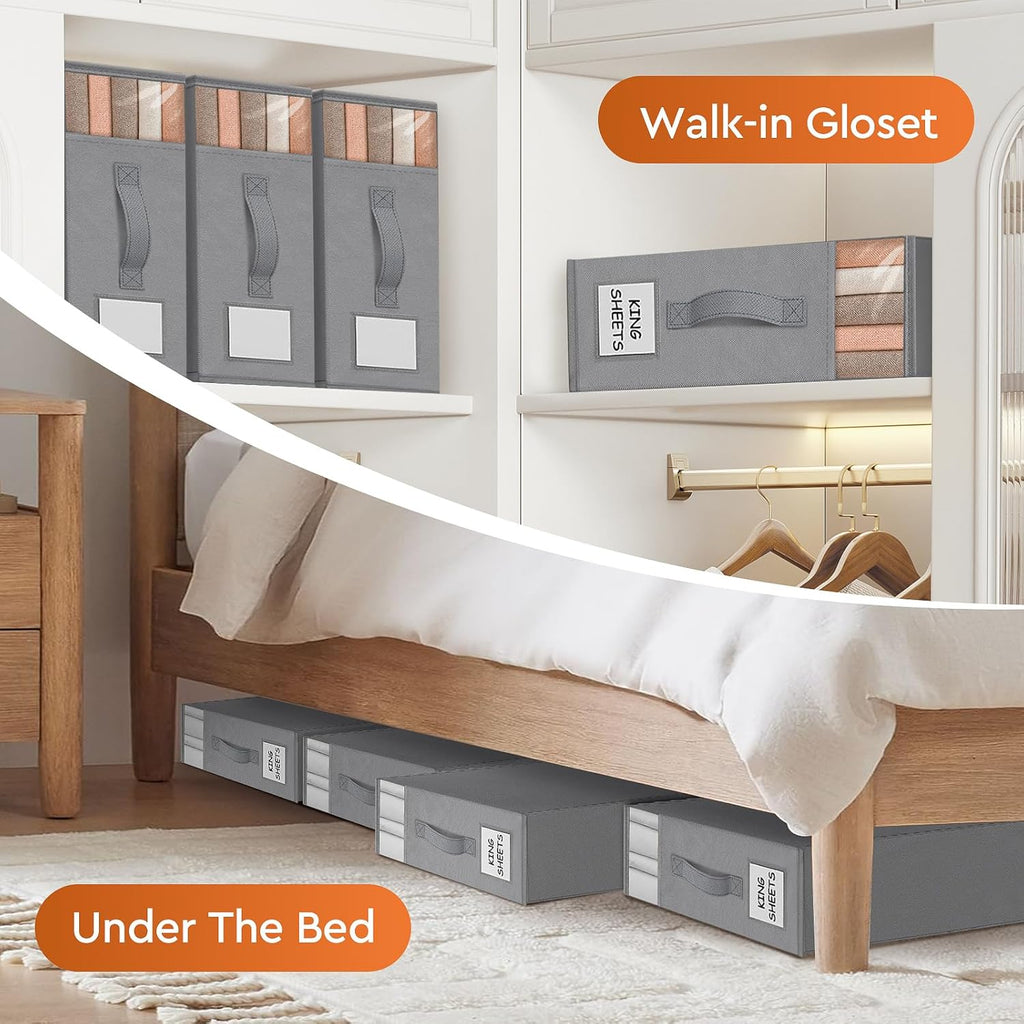 8 Pack Bed Sheet Closet Organizers and Storage,Sturdy Foldable Storage Containers with Window and Label,Storage and Organization for Bedding Sheets,Duvet Covers,Blankets (Grey)