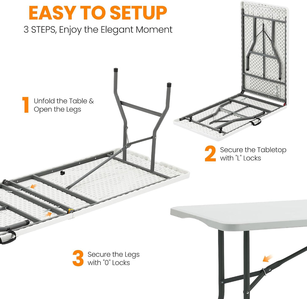SEALAMB Portable 8FT Plastic Folding Table for Indoor & Outdoor, Heavy Du...