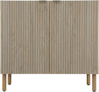 Sango Merk 2-Door Cabinet, Modern Brown Storage Cabinet with Vertical Groove Doors, Adjustable Shelf, Cylindrical Wood Legs, Discreet Metal Finger Pulls, Stylish Furniture for Living or Dining Room