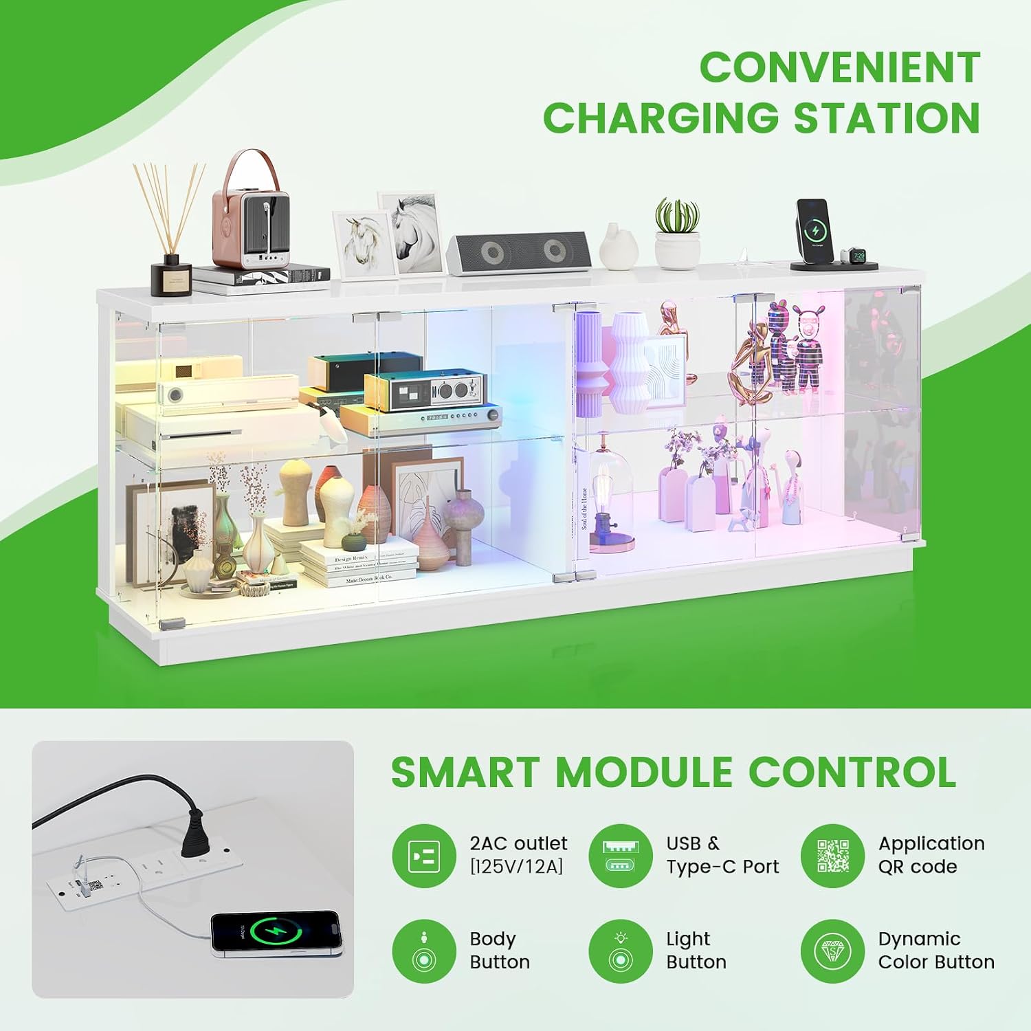 HNEBC 71" Glass TV Stands with Charging Station&Light for Living Room-White | Display Cabinet TV Console with Motion-Senser RGB LED Lights, 2 AC Outlets,USB-C Ports, Entertainment center with Doors