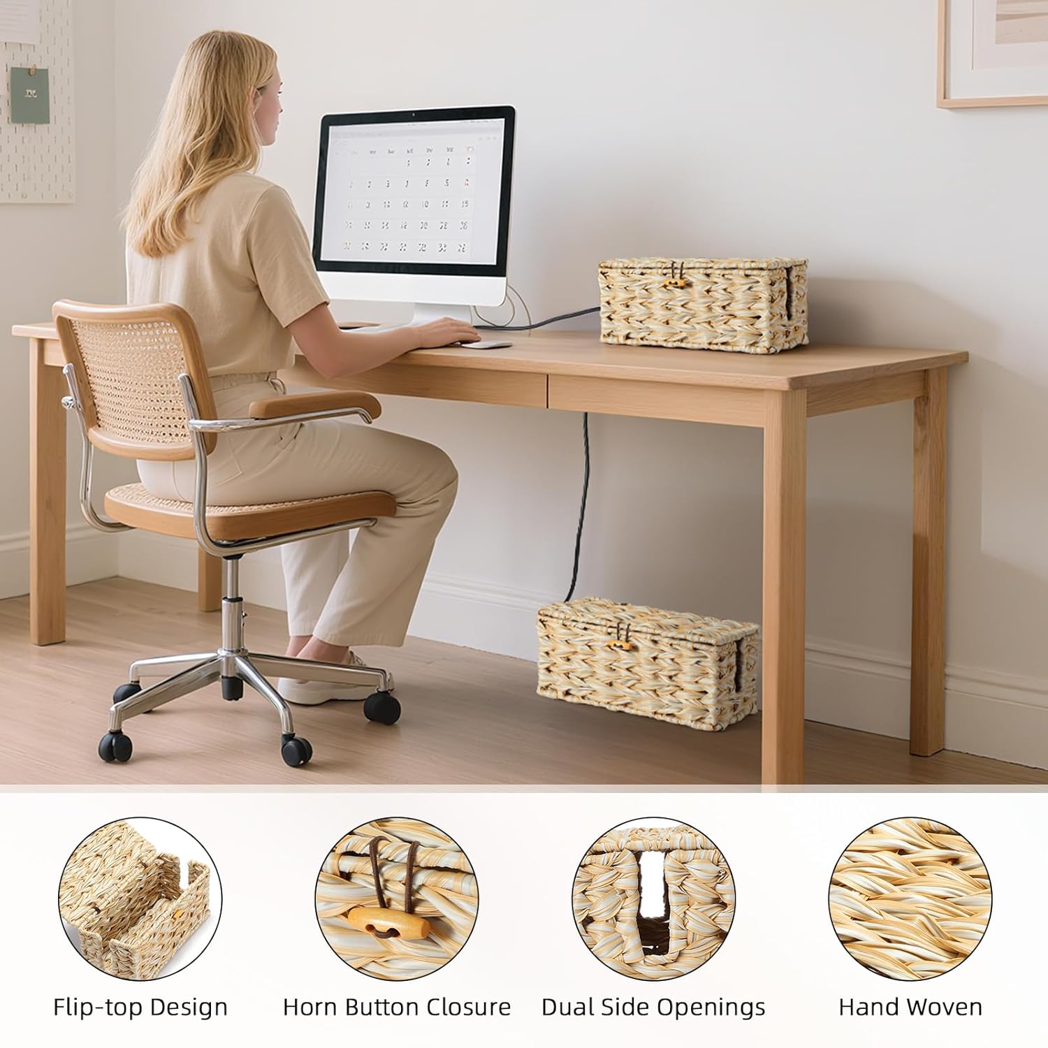 Delamu Handmade Synthetic Rattan Cable Management Box, Flat Weave Desk Organizer with Wire Management, Multi Purpose Cord Hider Box, 12.5" Lx 5.3" Wx 5.3" H, Natural & White