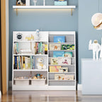 White Kids Bookshelf Wood Toy Storage Organizer Cabinet Children Bookcase Toddler Baby Sling Book Rack Adjustable Shelf for Playroom Bedroom Nursery Hallway School Kindergarten