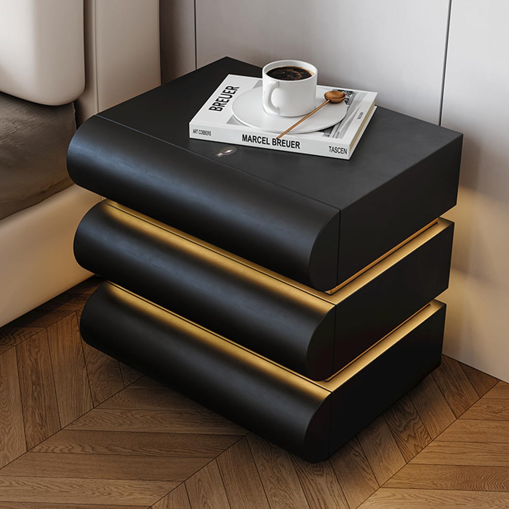 White Night Stand with LED Light, Leather Nightstand, Modern Bedside Table | ...
