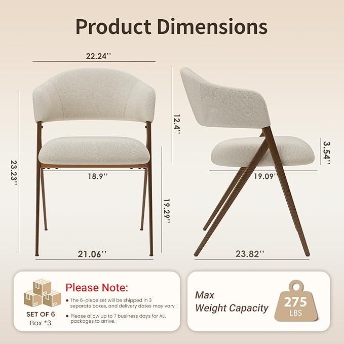 Dining Room Chairs Set of 6, Upholstered Dining Room Chairs, Mid Century Fabric Kitchen Chairs with Curved Backrest and Metal Legs, Beige