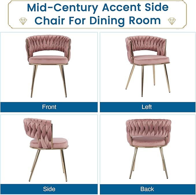 KCC Modern Velvet Dining Chairs Set of 4, Upholstered Living Room Chair with Woven Back and Golden Metal Legs, Mid-Century Accent Side Chair for Dining Room, Kitchen, Rose