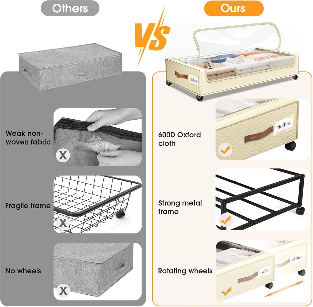 Under Bed Storage with Wheels 2Pack Underbed Storage with Clear Window&Label Under Bed Drawers Large Capacity Rolling Under Bed Storage for Clothes,Shoes, Blankets (Beige)