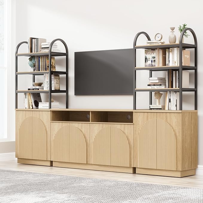 Yechen 110" Modular Entertainment Center with Bookshelves for up to 55", Mid Century Modern TV Stand with Storage, TV Cabinet with Open Shelves and Adjustable Shelves, Living Room, Natural Oak (3 PCS)