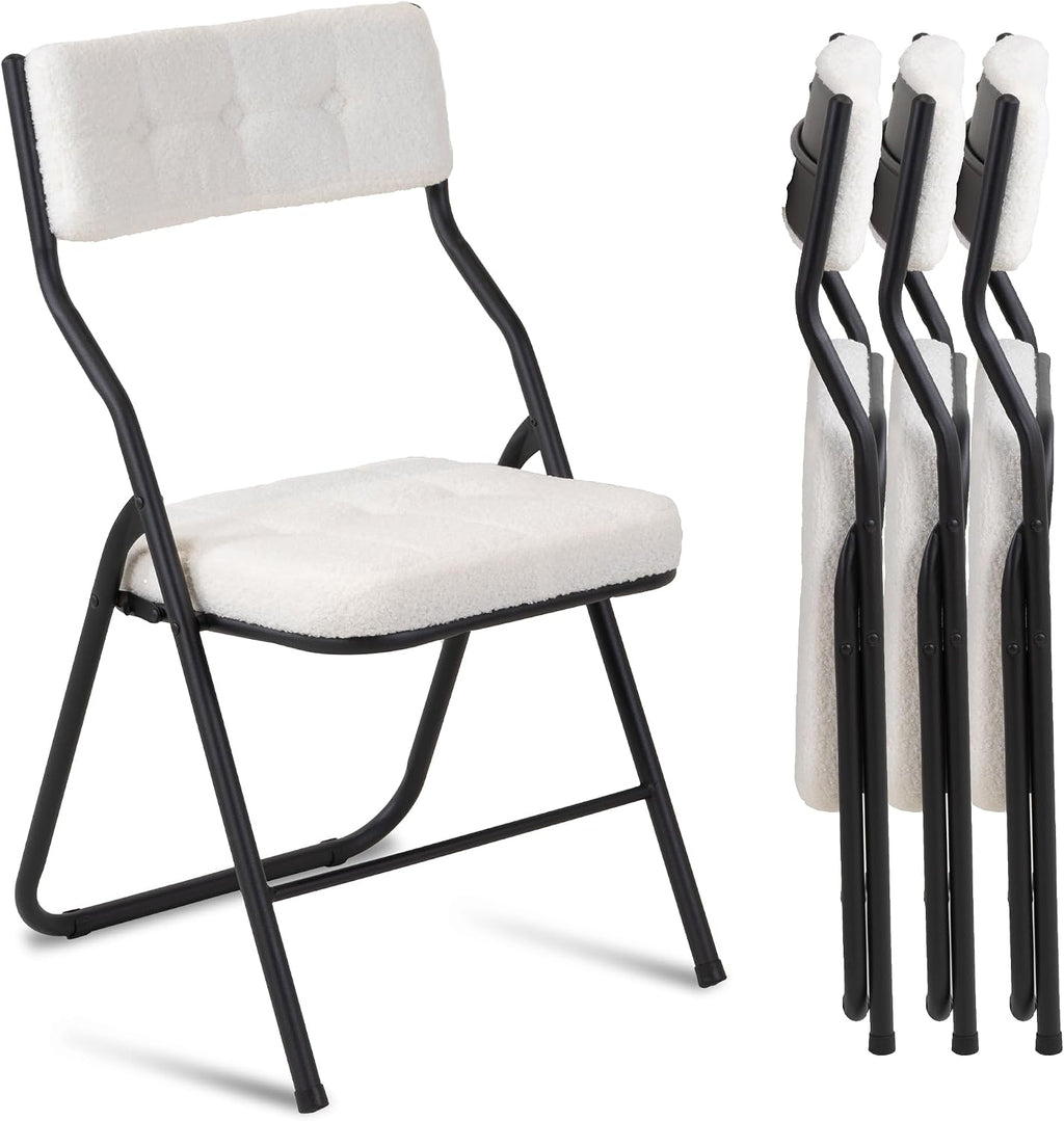 HOMEFUN Padded Folding Chairs 4 Pack - Foldable Dining Chair with Cushion, Portable and Assembled Extra Seat for Guests Kitchen Office Wedding Party Teddy White