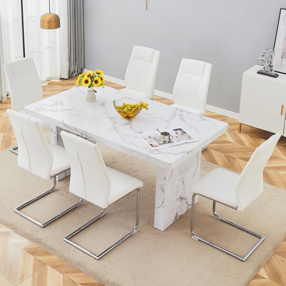 gopop 7 Piece Dining Table Set, Marble Dining Table Set for 6, 63" White...