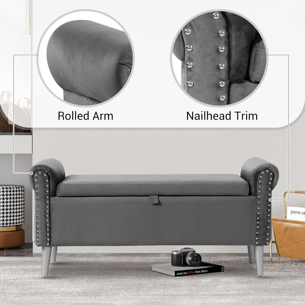 Storage Bench for Bedroom- Grey Velvet Bench with Storage 47" | Featurin...
