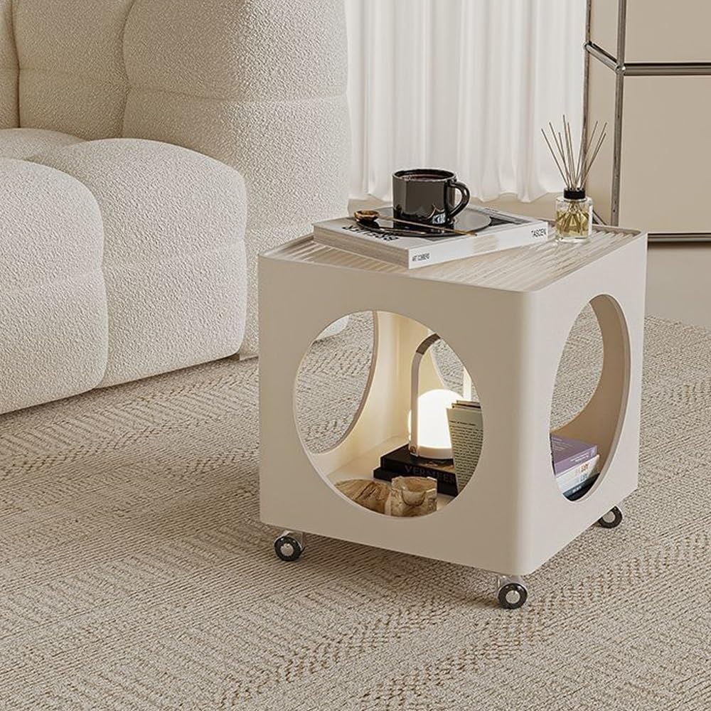 Rolling Side Table with Storage, Metal Frame Square Coffee Table, Mobile Nigh...