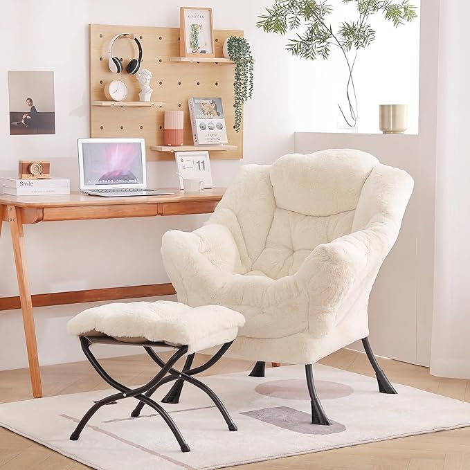 Welnow Lazy Chair with Ottoman, Modern Lounge Accent Chair with Armrests and a Side Pocket, Leisure Sofa Armchair, Reading Armchair with Footrest for Small Space, Plush Beige