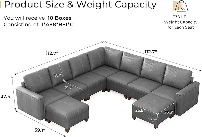 SITJOY 113" Faux Leather Modular Sectional Sofa with Storage, Mid Century Modern Sectional Couches for Living Room, Soft Padded Armrests, 9 Seat V Shaped Sectional Couch with Chaise, Gray