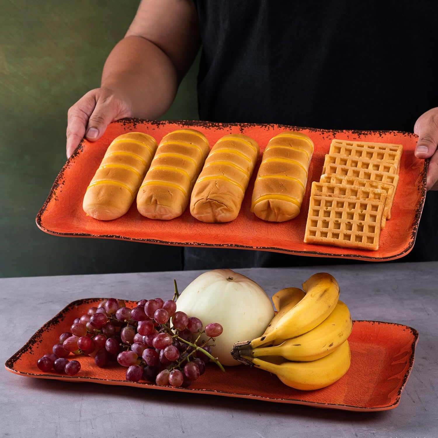 LEHAHA Melamine Serving Tray/Platters Set of 2, 17.5" x 10", 2-Piece Large Rectangular Melamine Platter Set for Serving Food, Orange