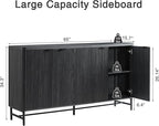 65" Buffet Cabinet with Storage, Fluted Credenza Sideboard with 4 Doors & Adjustable Shelves, Large Coffee Bar Console Table for Dining Room, Living Room, Entryway, Black Grey