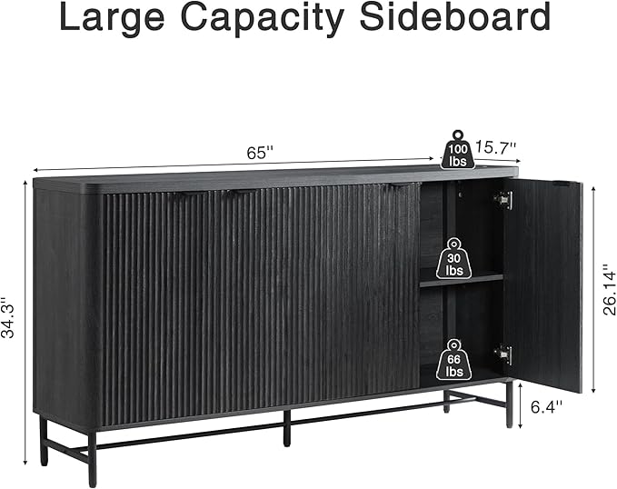 65" Large Sideboard Buffet Cabinet with Storage, Set of 2 Modern Fluted Credenza Accent Coffee Bar Console Tables with Doors & Adjustable Shelves for Living Room or Hallway, Black & Grey