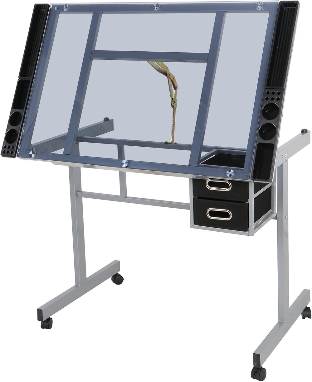 ZenStyle Glass Top Drafting Table with Storage, Adjustable Multifunctional Dr...
