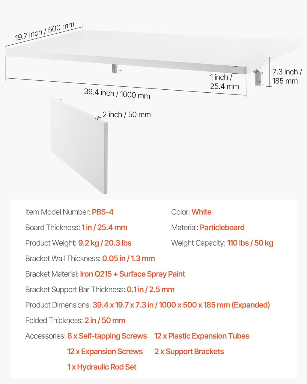 VEVOR Wall Mounted Folding Table, 39.4 x 19.7 inches Wall Mount Table, Floating Desk with Iron Bracket for Small Spaces, Home Office, Dining, Laundry Room, Kitchen, Bar, White