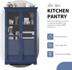 JIJIWANG Kitchen Pantry Cabinet,Coffee Bar Storage with Glass Doors and 4 Built-in Drawers,Food Pantry for Kitchen,Dining Room,Living Room and Garage,Home Office,Blue