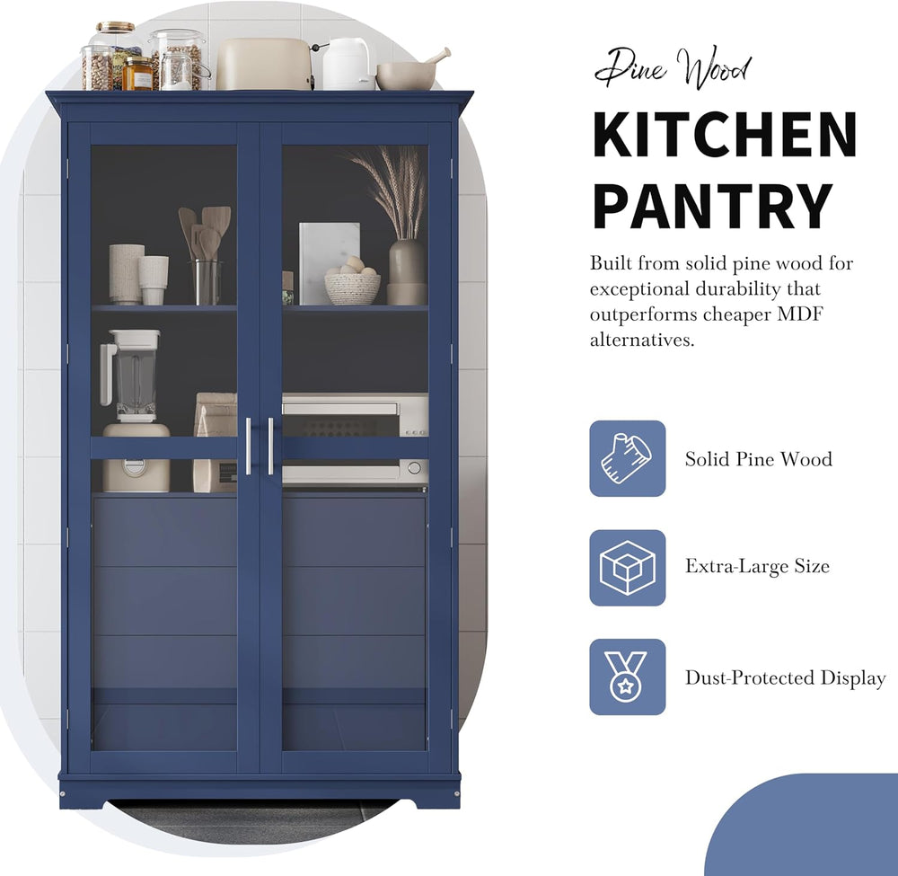 Merax Kitchen Pantry Cabinet with 2 Glass Doors & 4 Large Drawers, Pine W...