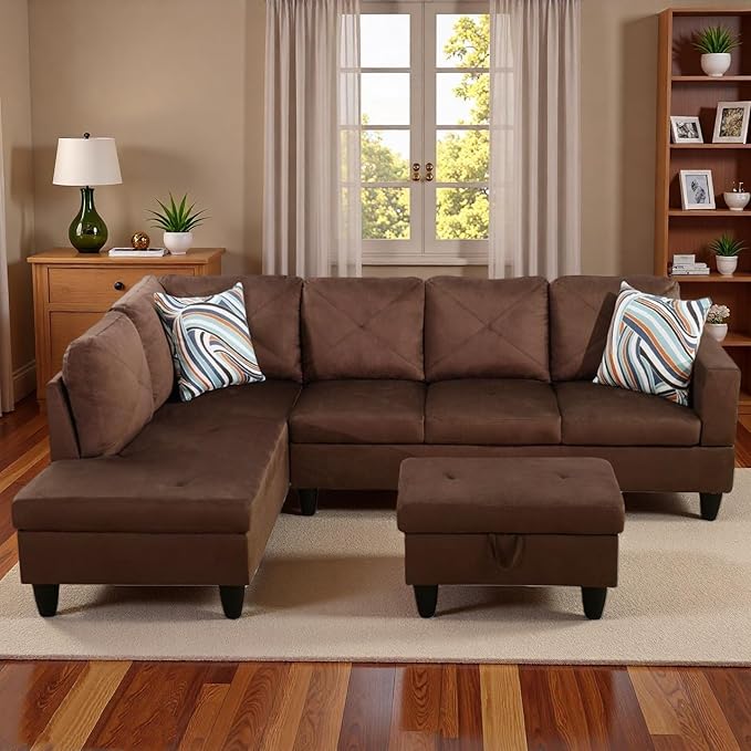 3-Piece L-Shaped Modular Leather Sofa – Convertible Sectional Couch with Movable Chaise & Storage Ottoman, Multi-Scene Use for Living Room, Apartment & Office, Brown
