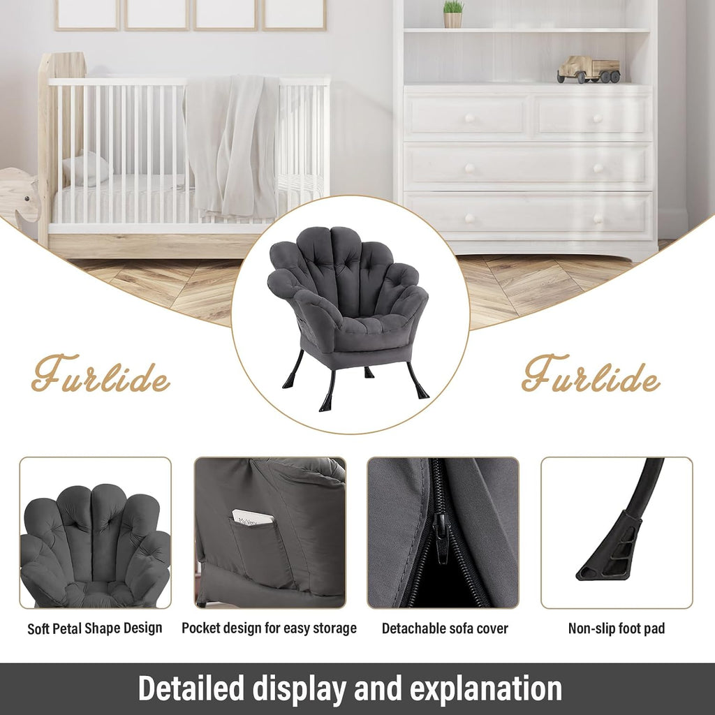 Lazy Chair for Living Room, Modern Floral Reading Chair, Dark Grey Accent Chairs, Comfortable Oversized Armchairs for Bedroom, Courtyard