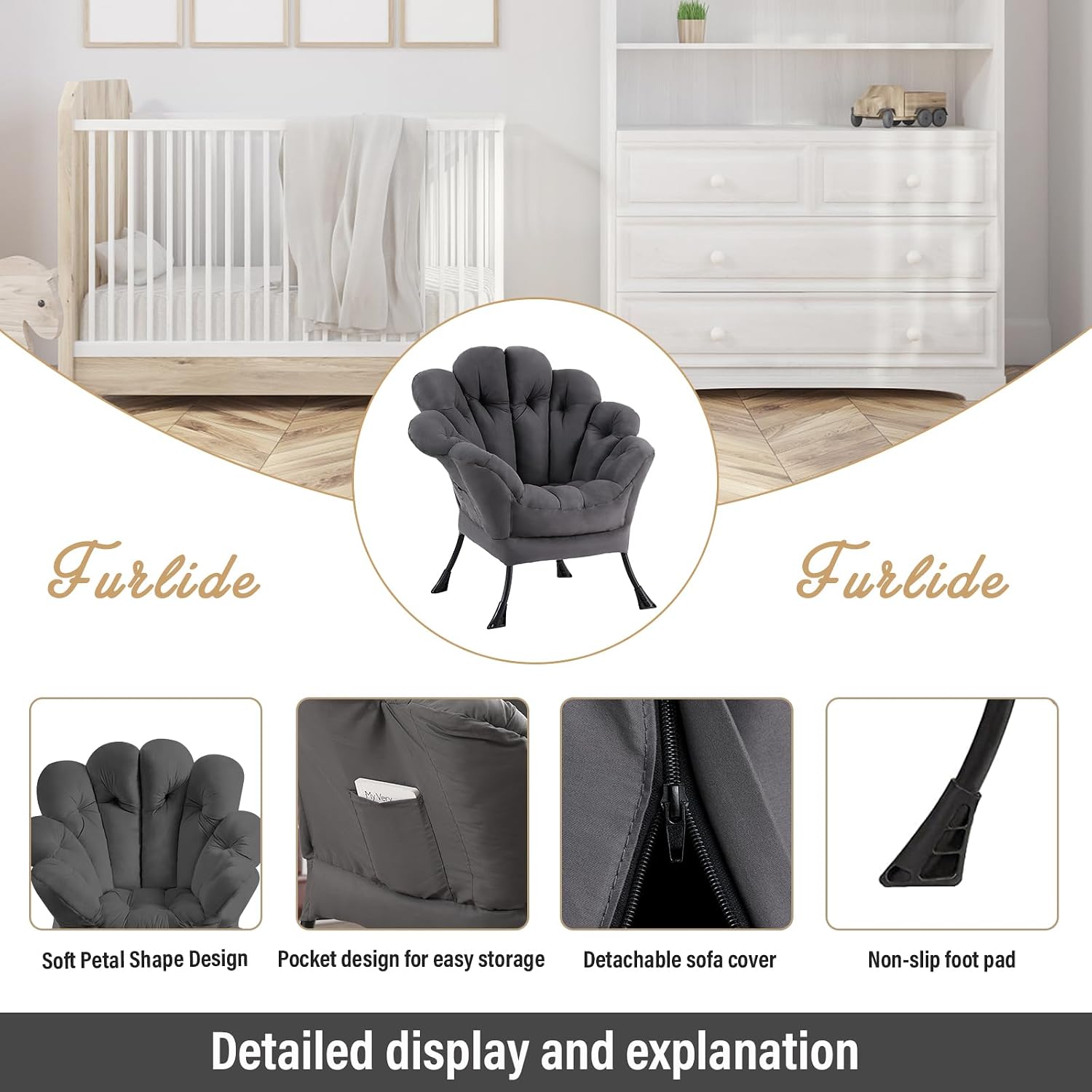 Lazy Chair for Living Room, Modern Floral Reading Chair, Dark Grey Accent Chairs, Comfortable Oversized Armchairs for Bedroom, Courtyard