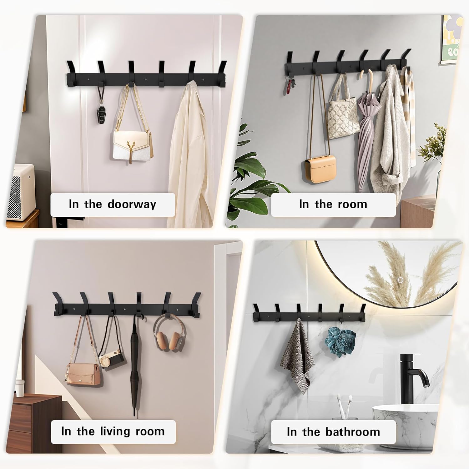 2 Pack Coat Rack Wall Mount,17.3 in Wall Hooks for Hanging, Coat Hanger Wall Mount Towel Rack Hat Rack for Wall with 6 Hooks for Entryway, Bedroom, Bathroom (Black,6 Hook-2Pack)