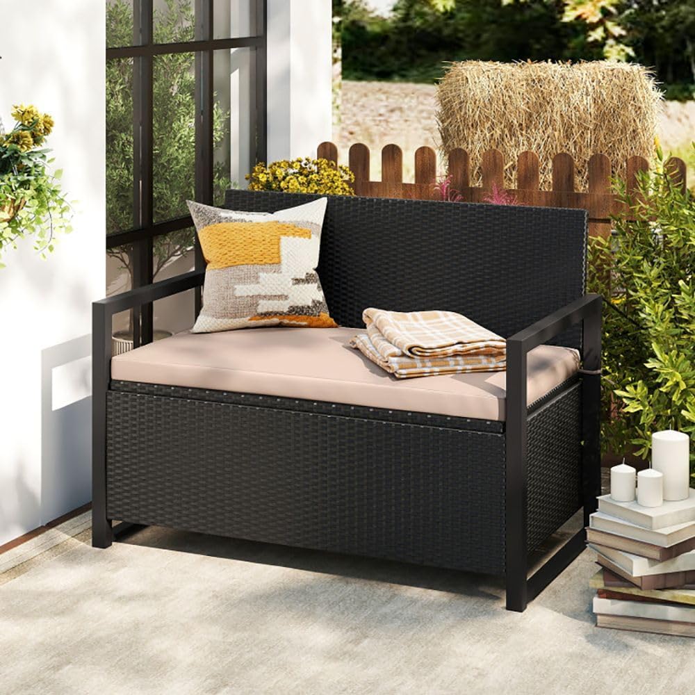 PE Rattan Outdoor Storage Loveseat Brown UV-Resistant Woven Rattan Pattern, 4...
