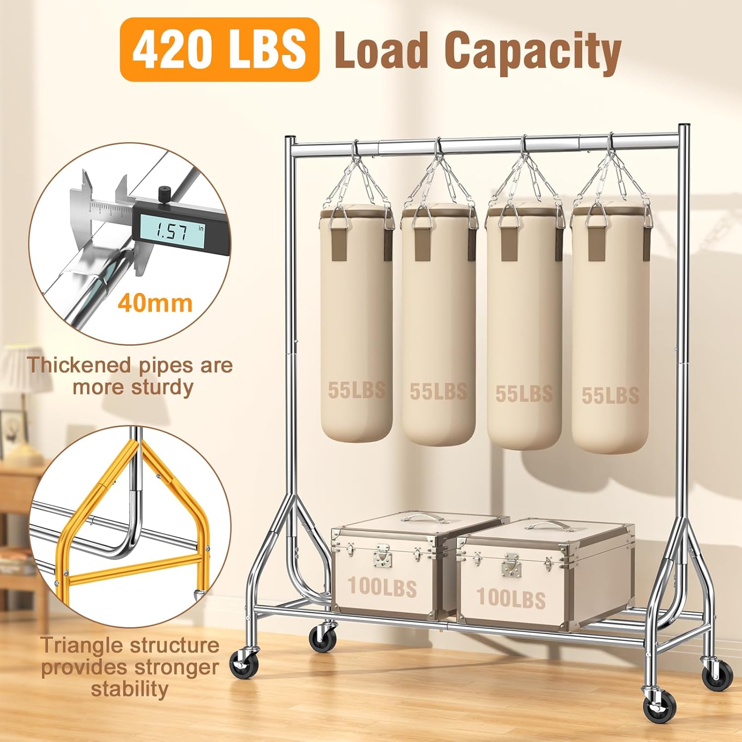 EAGMAK Heavy Duty Clothes Rack Load 420 LBS, 47.2" Long Rolling Garment Rack with Lockable Wheels, Standing Metal Clothing Hanger, Portable Wardrobe Sturdy Coat Organizer for Hanging Clothes (Silver)