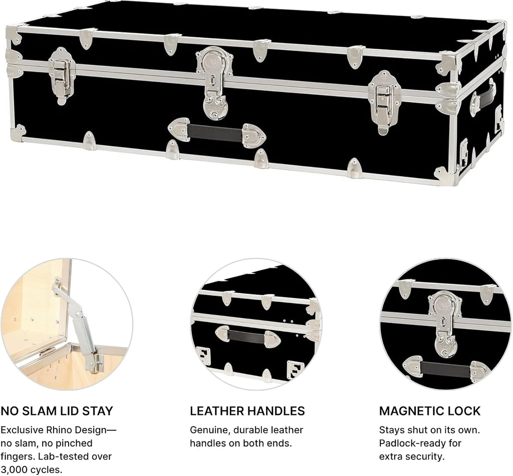Rhino Trundle Storage Trunk, Under Bed Dorm Footlocker | 44"L x 20"W x 12"H, 42 lb Item Weight, Steel, Durable, Removable, College Dorm, Home Storage, Dorm Room, Hope Chest