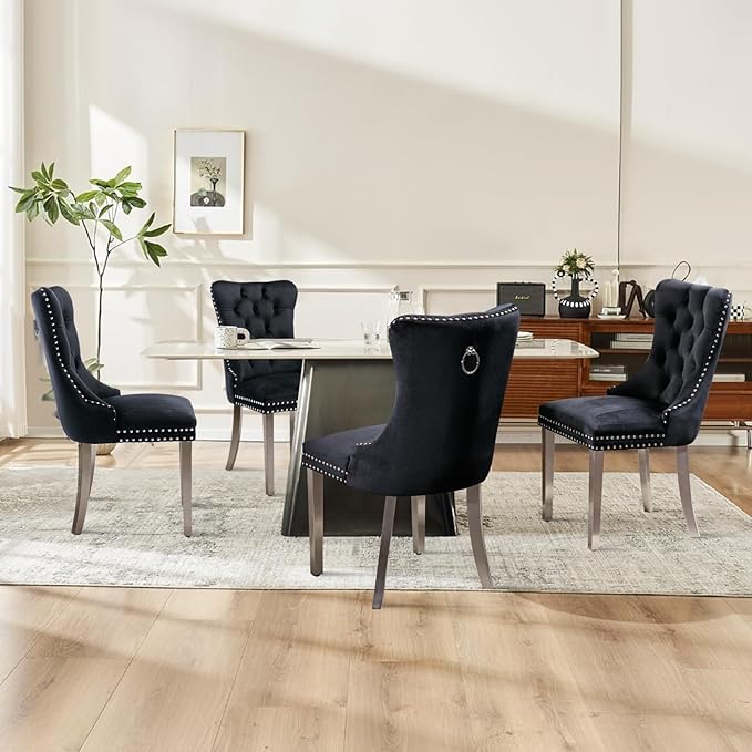 Velvet Upholstered Dining Chairs Set of 4, Modern Style Kitchen Side Chairs with Nailhead Trim and Silver Plated Leg, Metal Pulling Ring for Dining Room Living Room(Black, Set of 4)