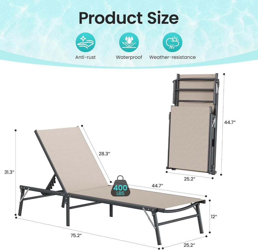Amopatio Outdoor Lounge Chairs Poolside Chaise Lounge for Patio Set of 2 | with Side Table Foldable Stackble Fully Assembled Weather Resistant 5-Position Adjustable Backrest 400LBS Capacity