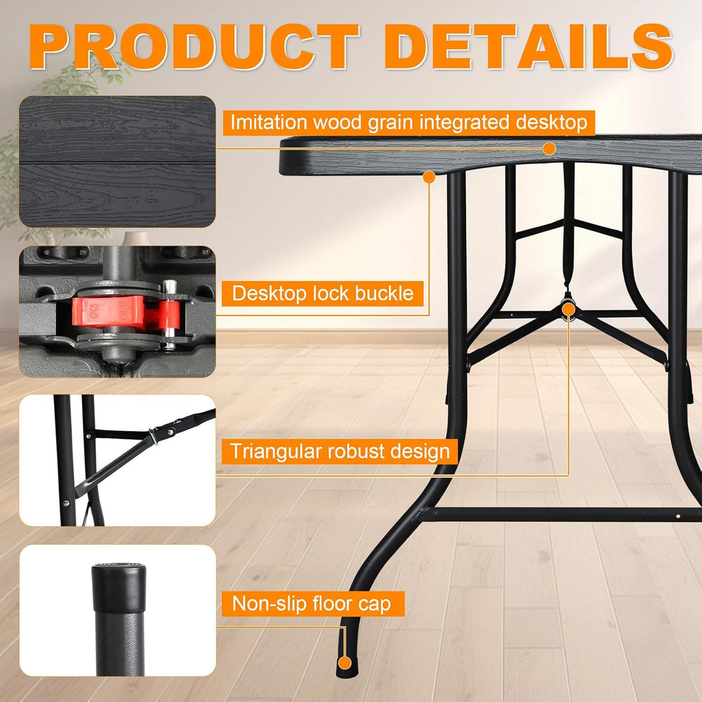 6ft Folding Table, Portable Heavy Duty Plastic Fold-in-Half Utility Table for...