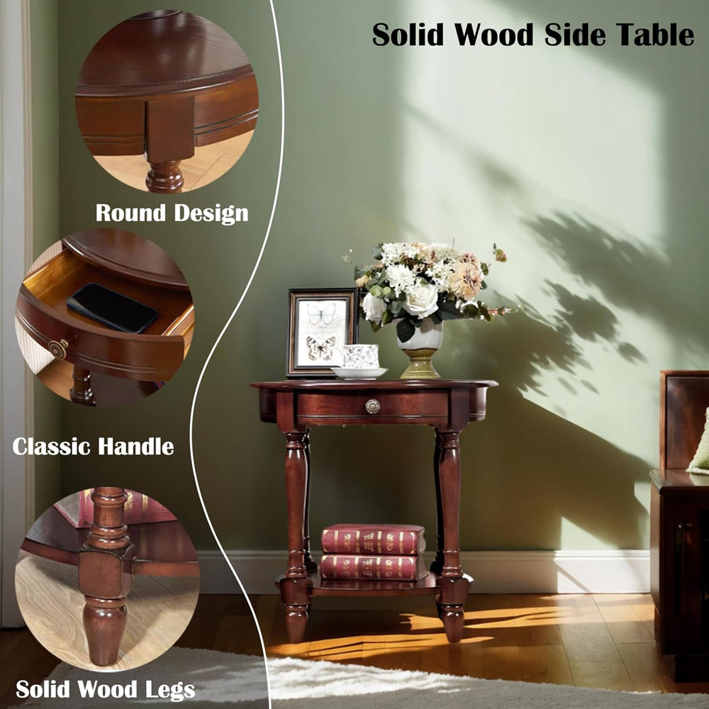YUNMUAIR-Solid Wood End Table,Round Side Table with Drawers,Vintage Nightstan...